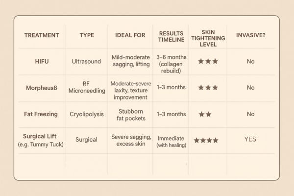 Table showing the comparisons of Skin tightening Coventry treatment options.